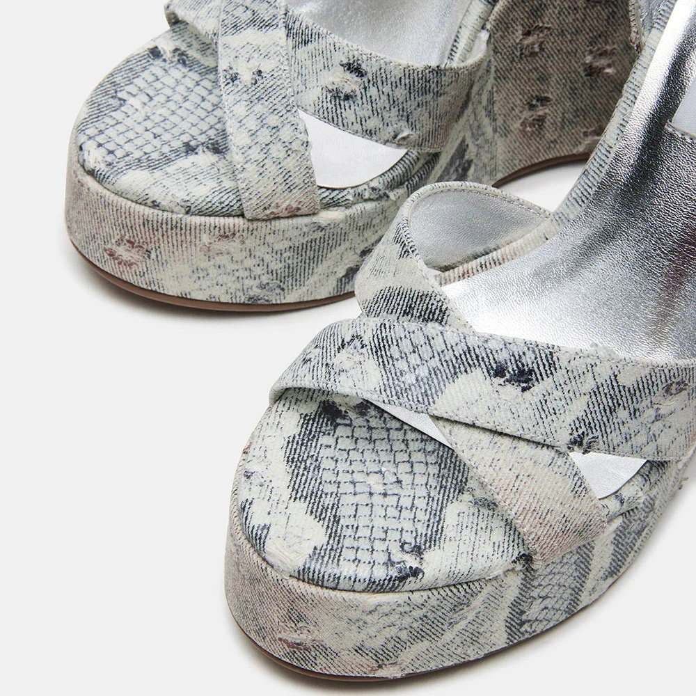YDN Grey Python Print Open Toe Platform Wedge Sandals for Women