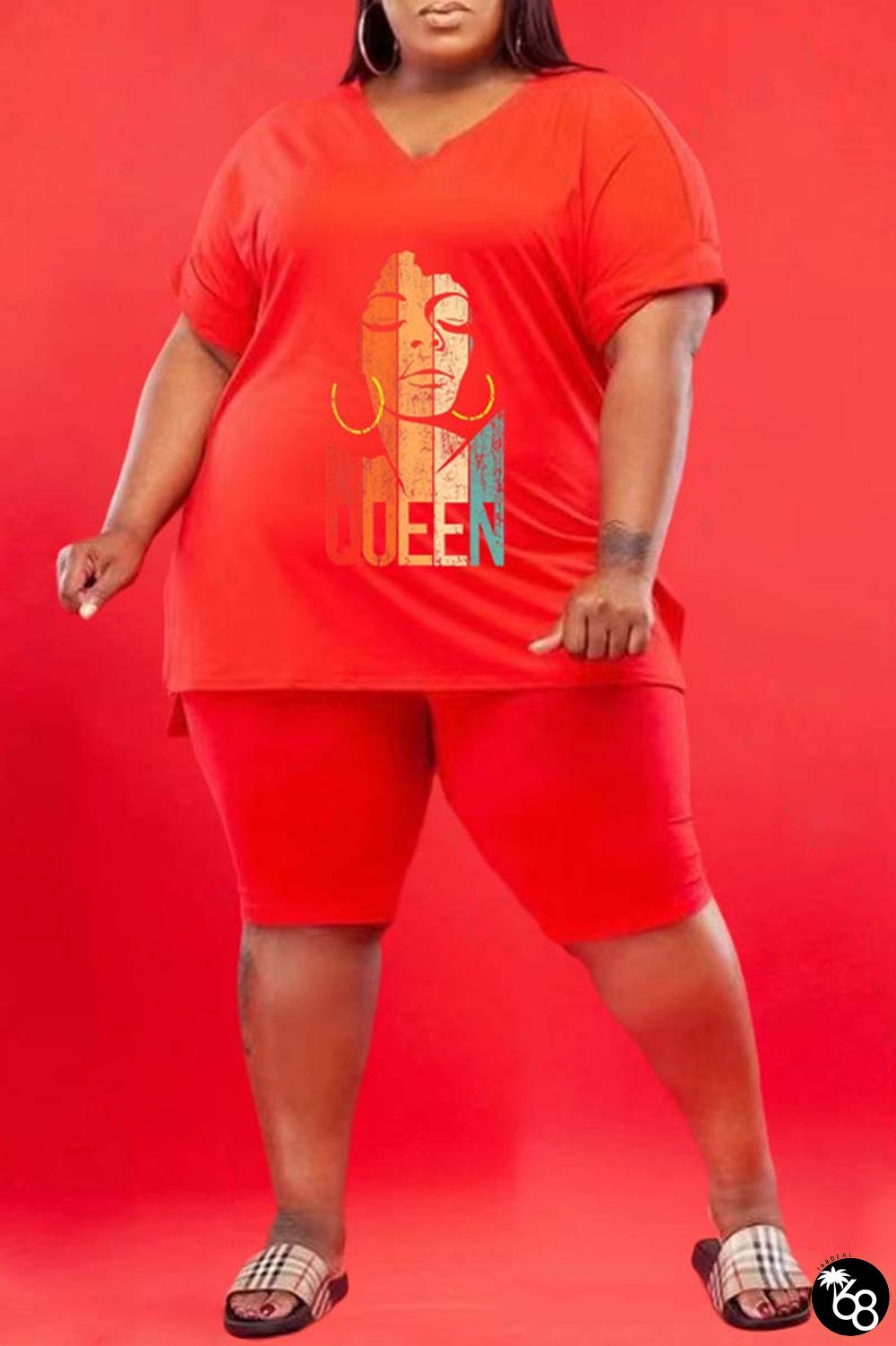 Red Casual Print Slit V Neck Plus Size Two Pieces | 168DEAL