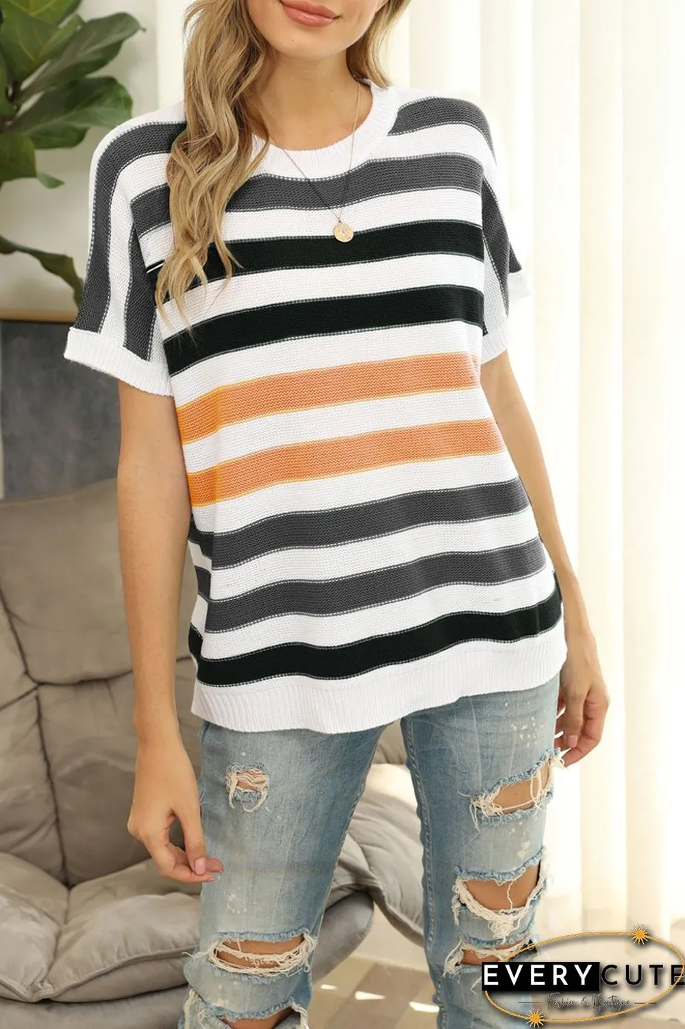 Stripe Short Sleeve Knitted T-Shirt