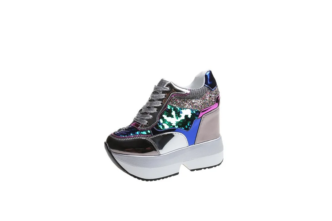 Wongn Wongn Women's Shoes Sequins Spell Color Belt Platform Inside Increased Ultra High Heel Casual Shoes Sports Shoes Women's Shoes