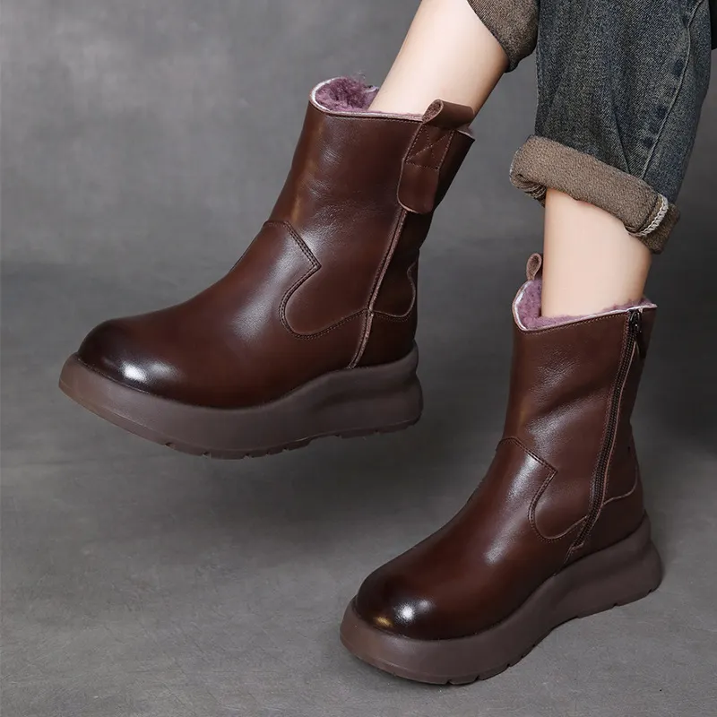Yyvonne Cow Skin Retro Thick-Bottomed Boots Children Winter New Wool Short Boots Warm And Velvet Snow Boots
