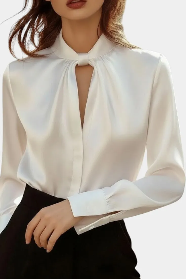 Sculptural Tie-Neck Blouse with Deep Keyhole
