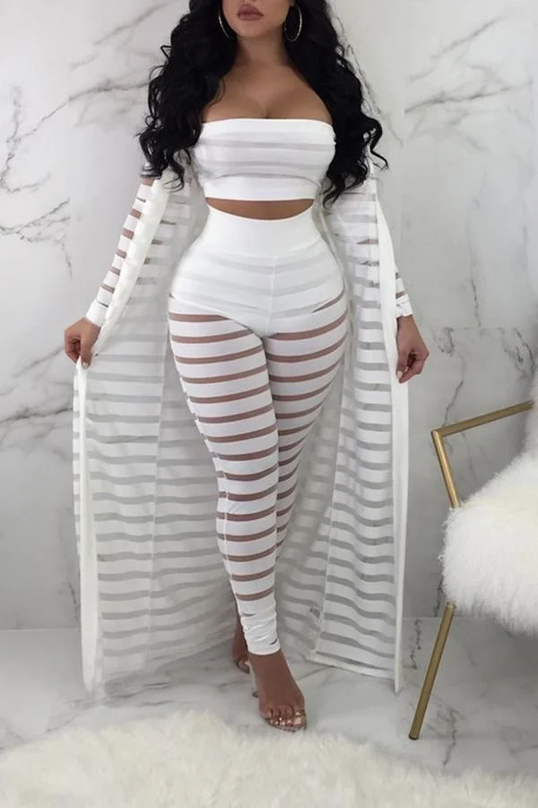 Fashion Sexy Striped Lace Hollow Cardigan Wrapped Breast Pants Three-piece Set