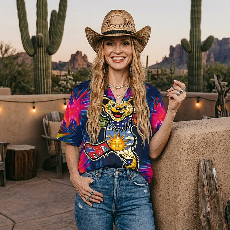 Vintage Grateful Dead Skull & Bear &Terrapin Graphic Cuban Collar Short Sleeve Shirt &ndash; Unisex Retro Cotton Top