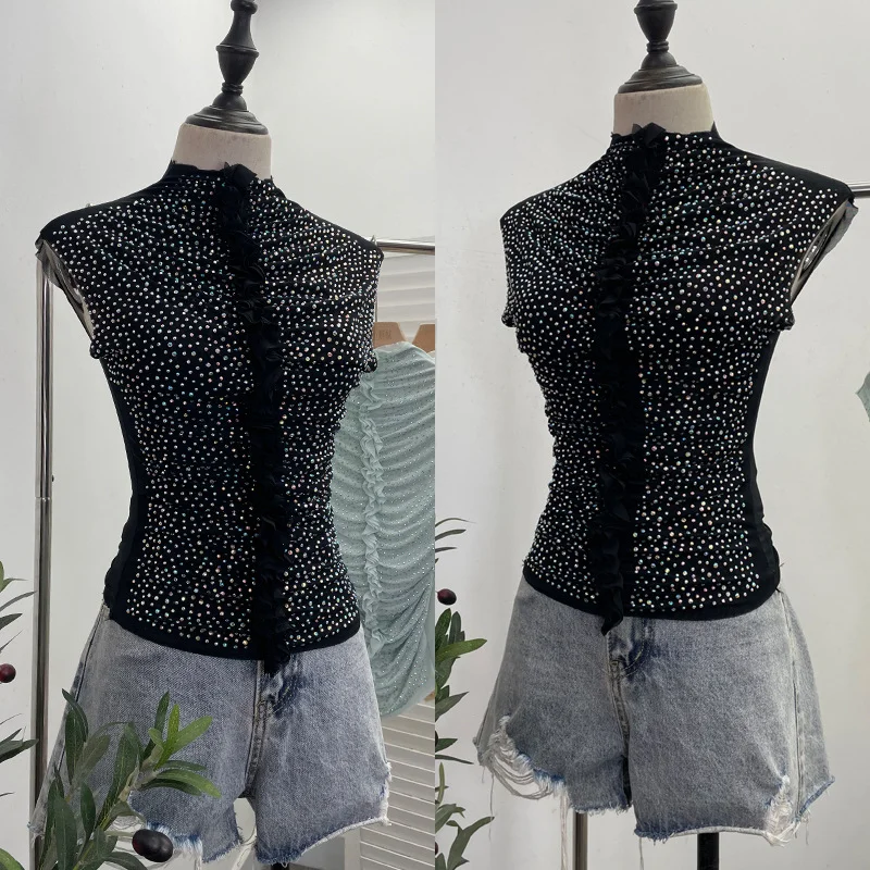 Uveng Drilling Sleeveless Vest Wearing Half-High Neck Net Yarn Slime Folded T-Shirt Blouse Female 2589