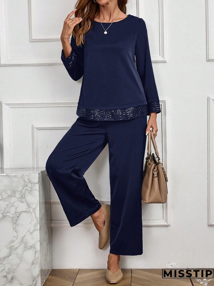 2pcs/Set Women Casual Solid Color Sequin Splice Long Sleeve Top And Pants Set, Autumn