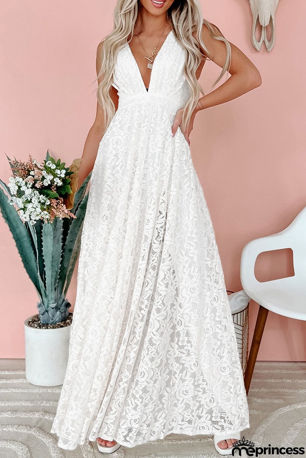 Floral Lace Open Back Maxi Party Dress