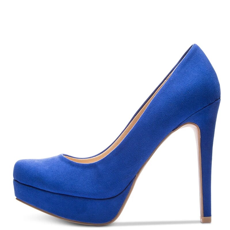 TAAFO Blue Women's Pumps High Thin Heels Round Toe Platform Stiletto Flock Ladies Office Shoes