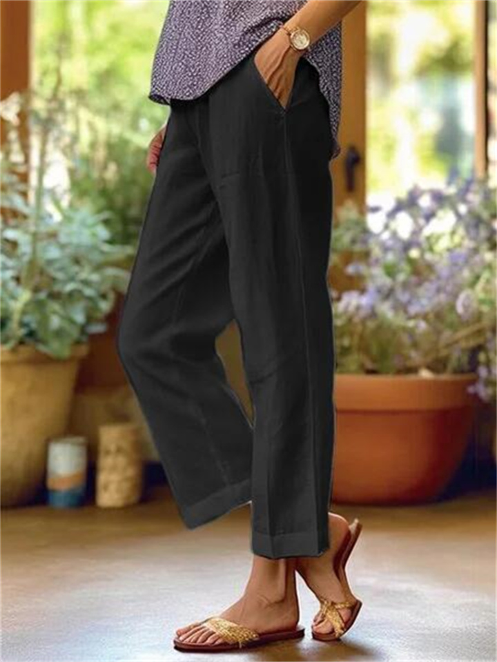 Women's Cotton Linen Loose Solid Color Elastic Waist Straight Casual Pants Plus Size Nine Pants