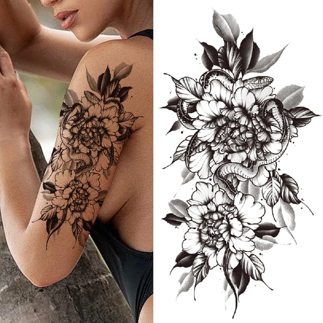 3D Snake Rose Temporary Tattoos For Women Girls Fake Flower Tattoo Sticker Black Death Eaters Dark Mark Mamba Snake Peony Tatoos 515-1