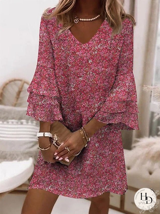 Casual Dress Summer Dress Print Dress Graphic Floral Ruffle Print V Neck Ruffle Sleeve Mini Dress Fashion Streetwear Outdoor Daily 3/4 Length Sleeve Loose Fit White Red Blue Summer Spring S M for Women