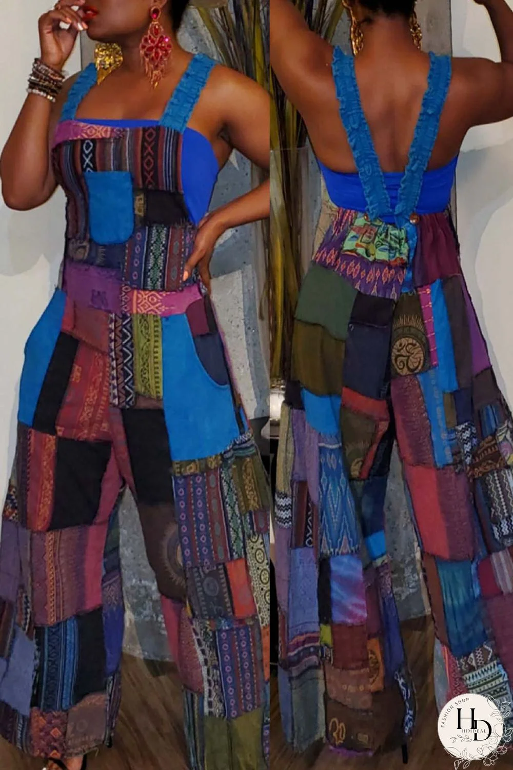 Blue Fashion Casual Street Print Patchwork Spaghetti Strap Loose Jumpsuits
