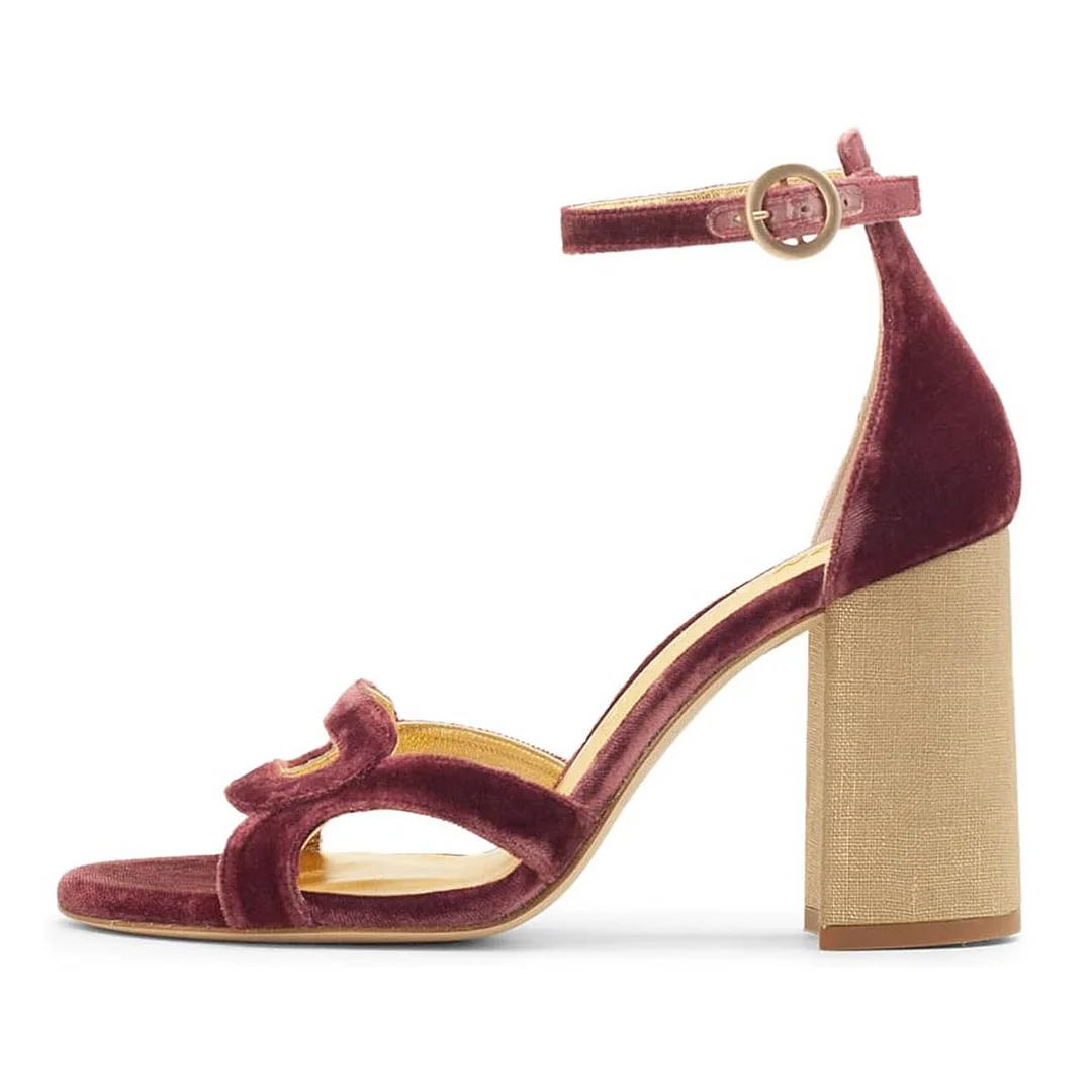 YND Maroon Velvet Open Toe Ankle Strap Women's Heel Sandals