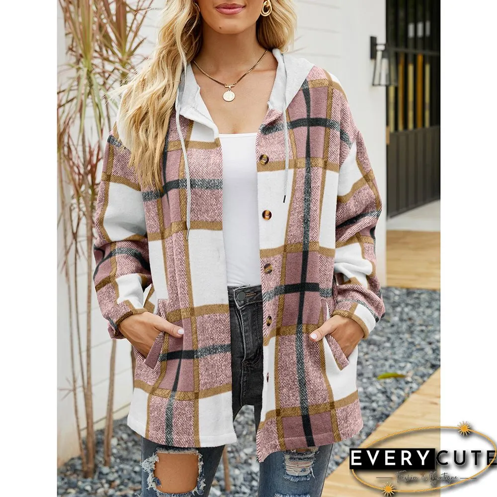 Pink Woolen Plaid Print Hooded Coat with Pocket