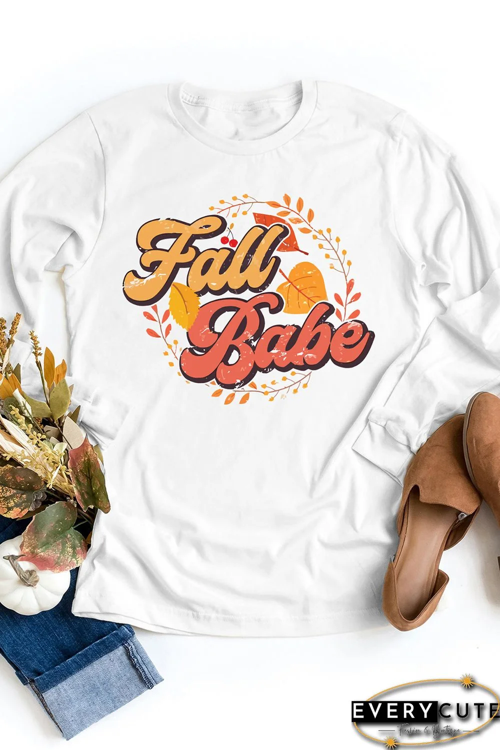 White Fall Babe Graphic Print O-neck Long Sleeve Top