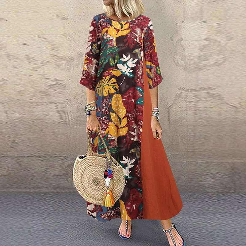 Retro Cotton Linen Floral Patchwork Dress