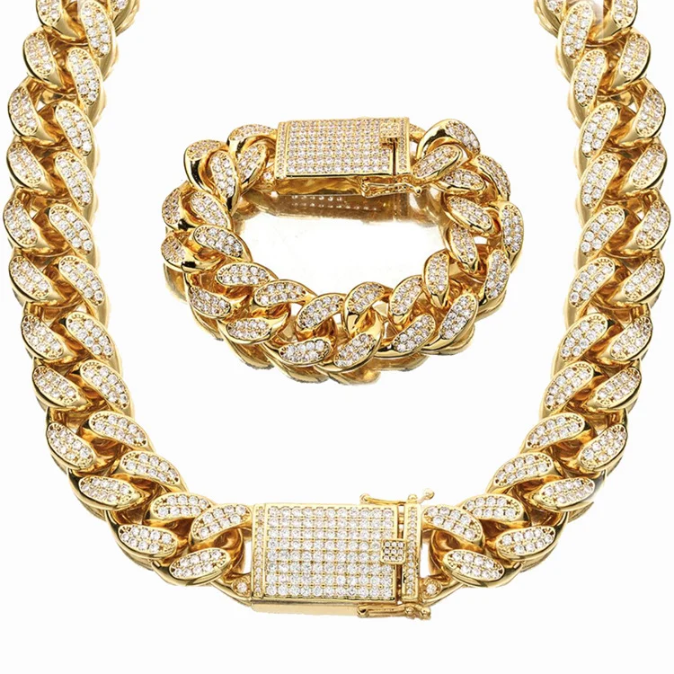 Gold Chain for Men Iced Out, 18MM Men's Gold Chain Miami Real Gold Plated/Platinum White Gold Finish Choker Necklace Bracelet,Full Cz Diamond Cut Prong Set