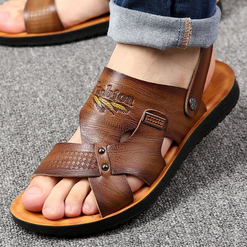 Men's PU Leather Comfortable Sandals Non-slip Slippers Shoes - VSMEE