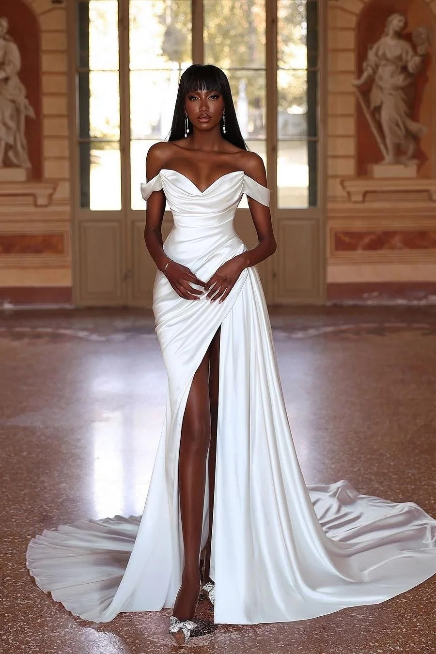 Miabel Simple White Satin Strapless Off the Shoulder Pleated Wedding Dress with Split 
