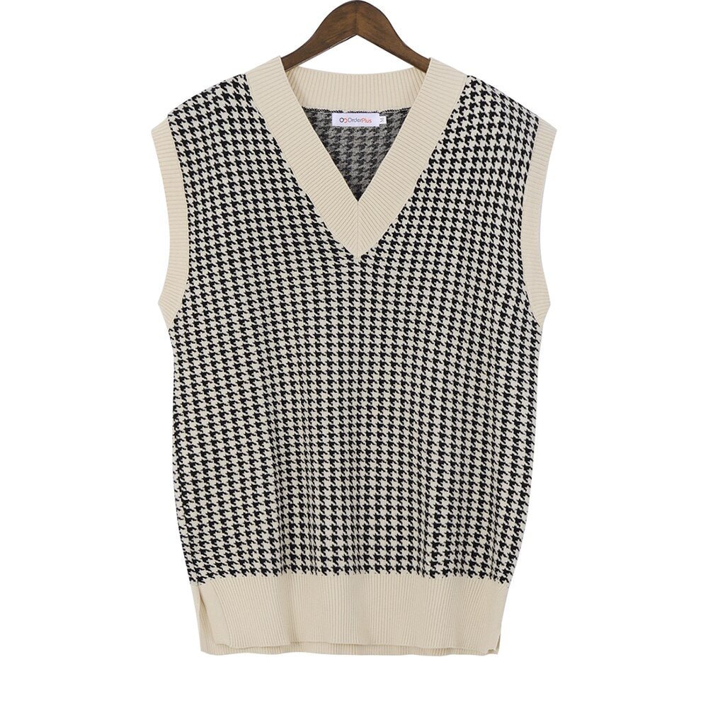 Fashion Women‘s Knitted Vest Pullovers Autumn Waistcoat Tops Sleeveless Loose Houndstooth Female Vintage Plaid Sweater Vest