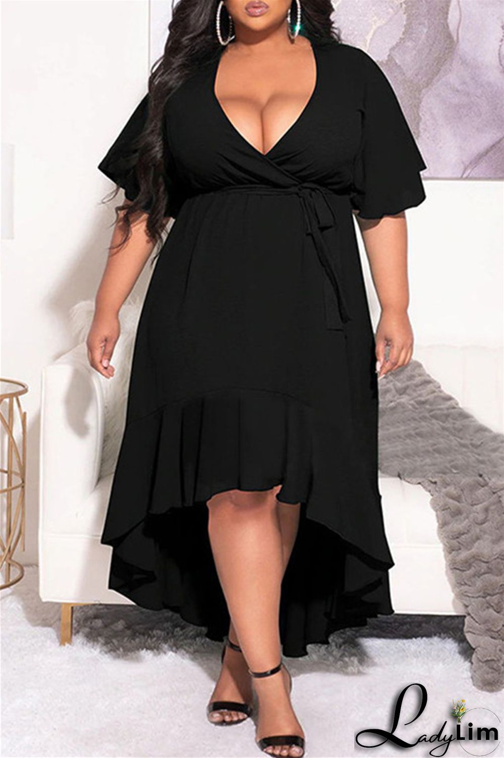 Blue Fashion Casual Solid Bandage Flounce V Neck Irregular Dress Plus Size Dresses