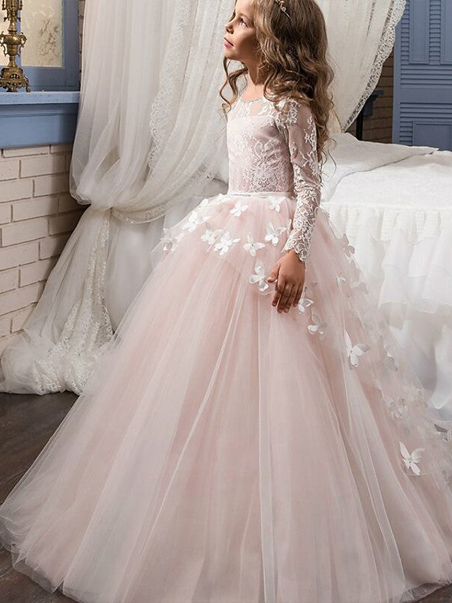 Oknass Ball Gown Long Sleeve Jewel Neck Flower Girl Dress Lace With Bow Appliques Buttons