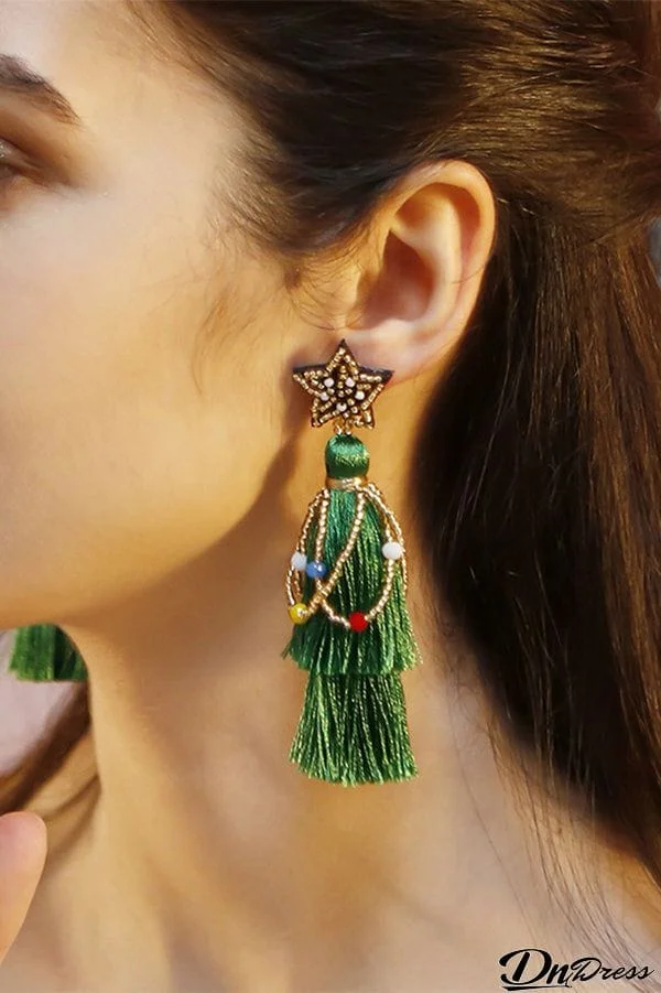 Bohemian Lightweight Christmas Tree Tassel Beaded Earrings