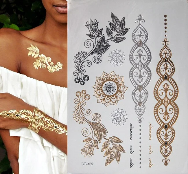 1pcs New Metallic Gold Silver Body Art Temporary Tattoo Sexy Non-Toxic Flash Tattoos Sticker For Women tattoo