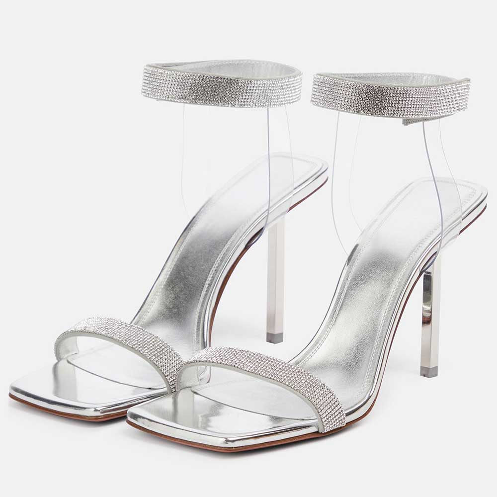 Silver Metallic Finish Rhinestone Embellished Ankle Strap Sandals  Nicepairs