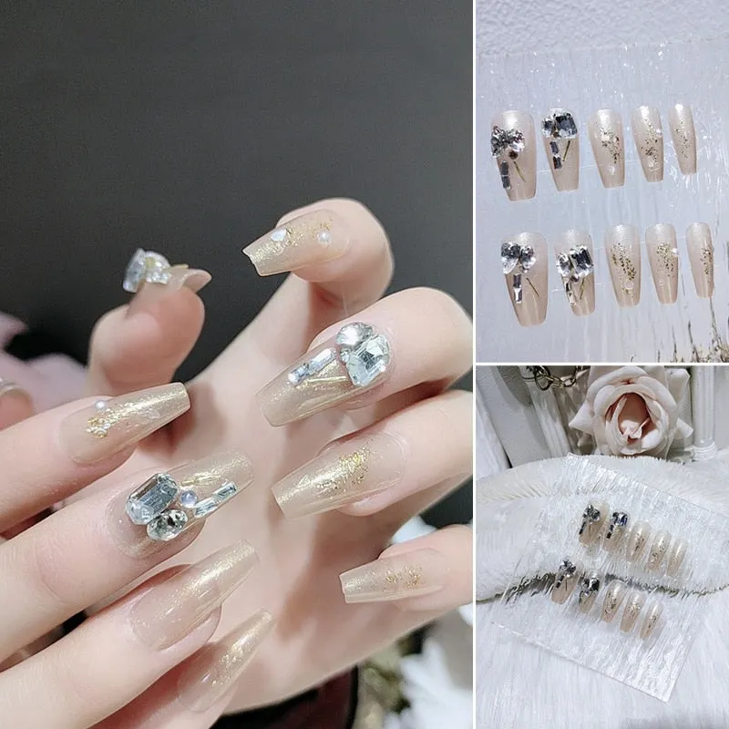 24pcs nail press ons Girl Fake Naisl with glue nail art Purple Star Moon Rhinestone Designs Short Full Artificial ネイルチップ-Nail Inspo