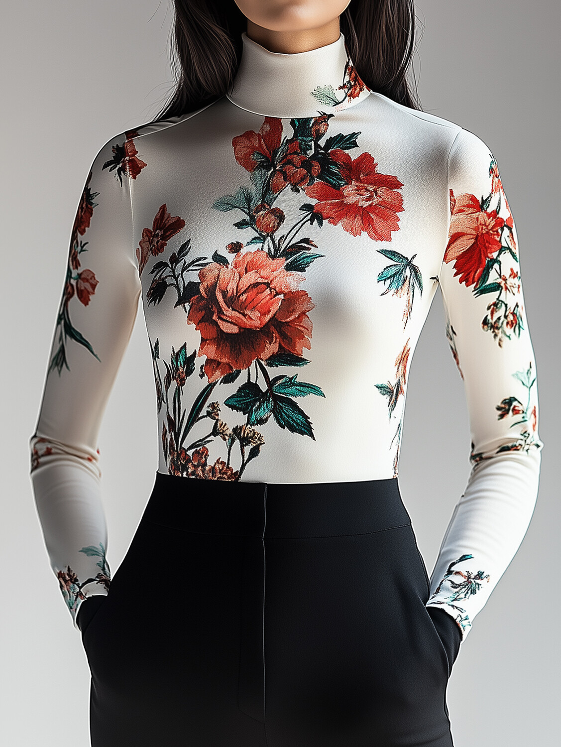 Ursime High Neck Floral Plant Pattern Long Sleeve Blouse