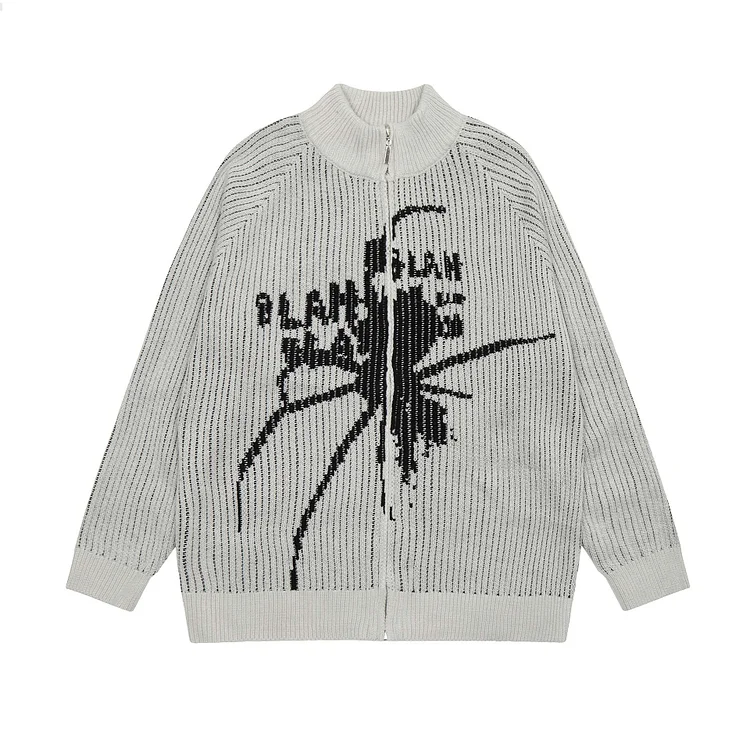 High Street Spider Letter Jacquard Sweater Loose Hip Hop Zipper Sweater at Hiphopee