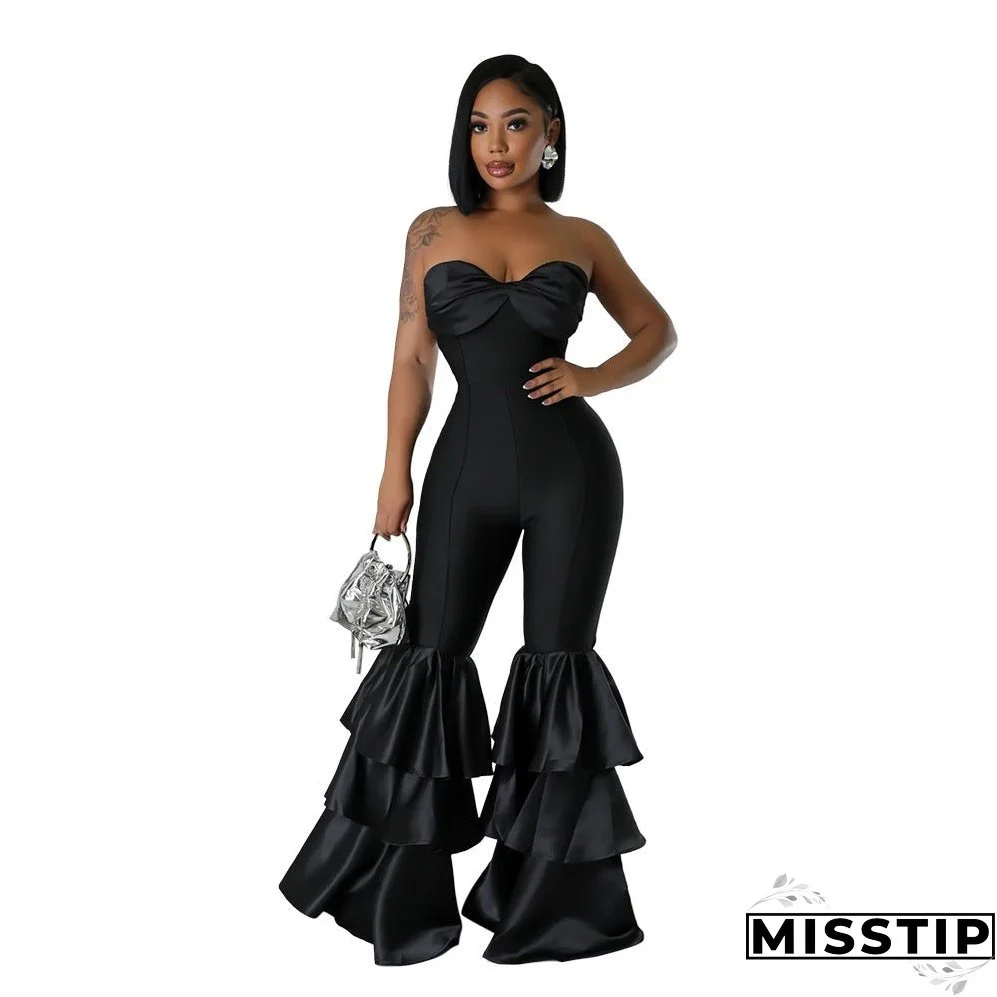 Women's Fashion Sexy Tube Solid Color Pleated Jumpsuits