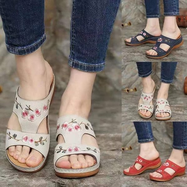 Woman Slippers Vintage Ethnic Flower Platform Flat Shoes Women Comfortable Casual Sandals - BlackFridayBuys