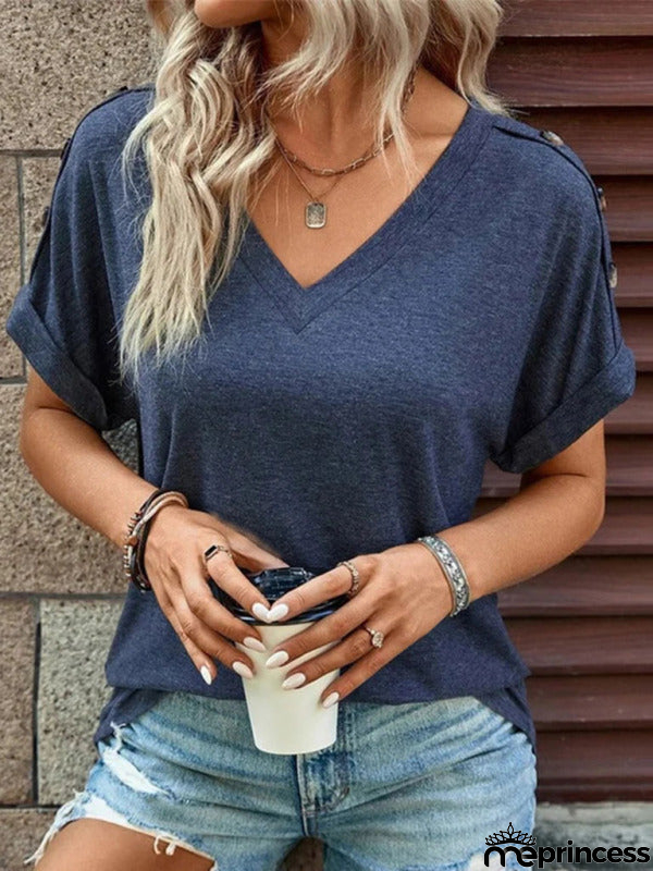 Solid Short Sleeve V-Neck Top with Buttons