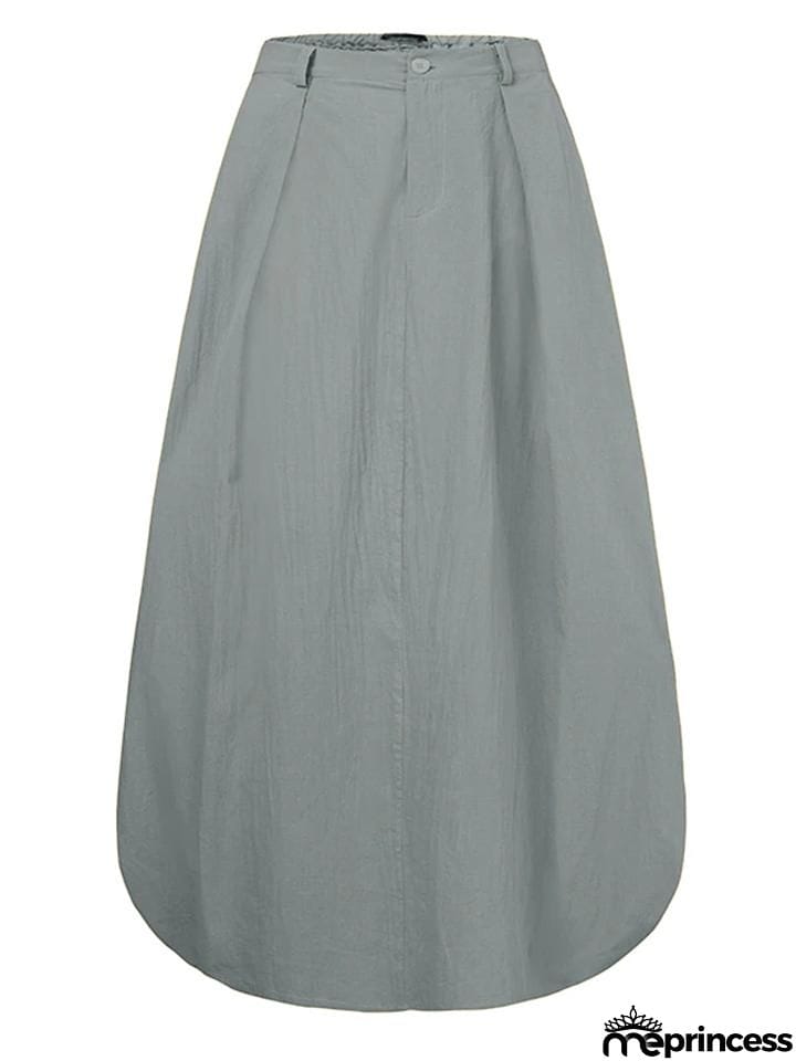 Retro Style Elastic Waist Button Zipper Pocket Flare Maxi Skirt