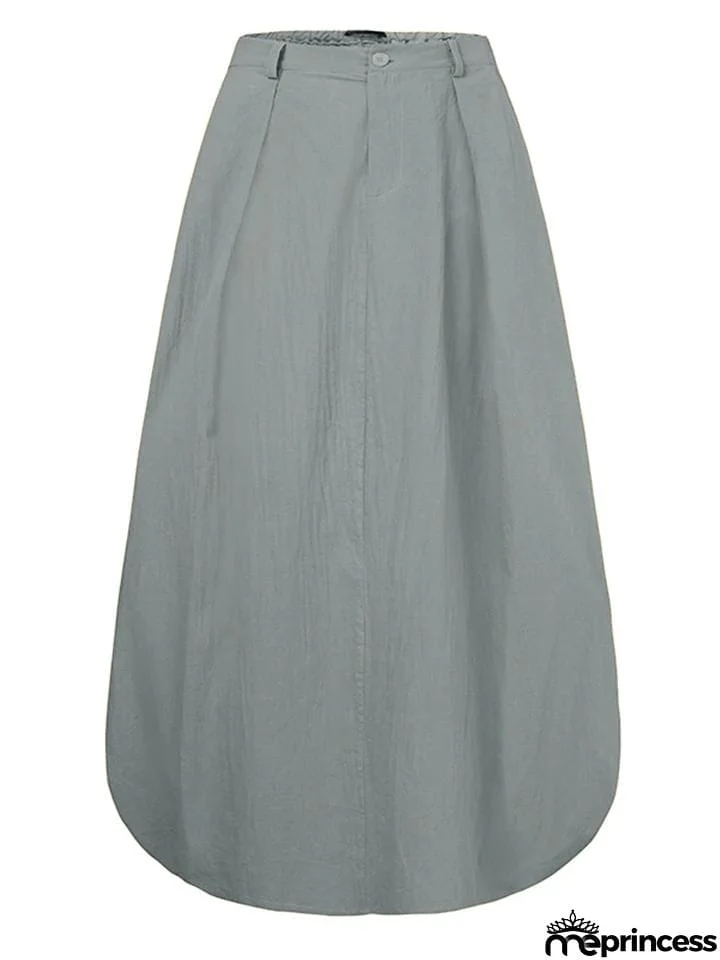 Retro Style Elastic Waist Button Zipper Pocket Flare Maxi Skirt
