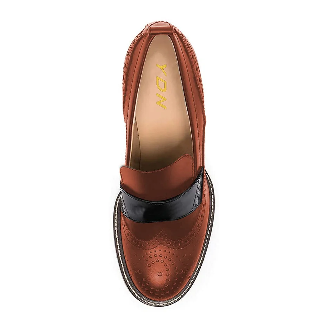 Round Toe Perforated Detail Chunky Heeled Loafers Women in Brown