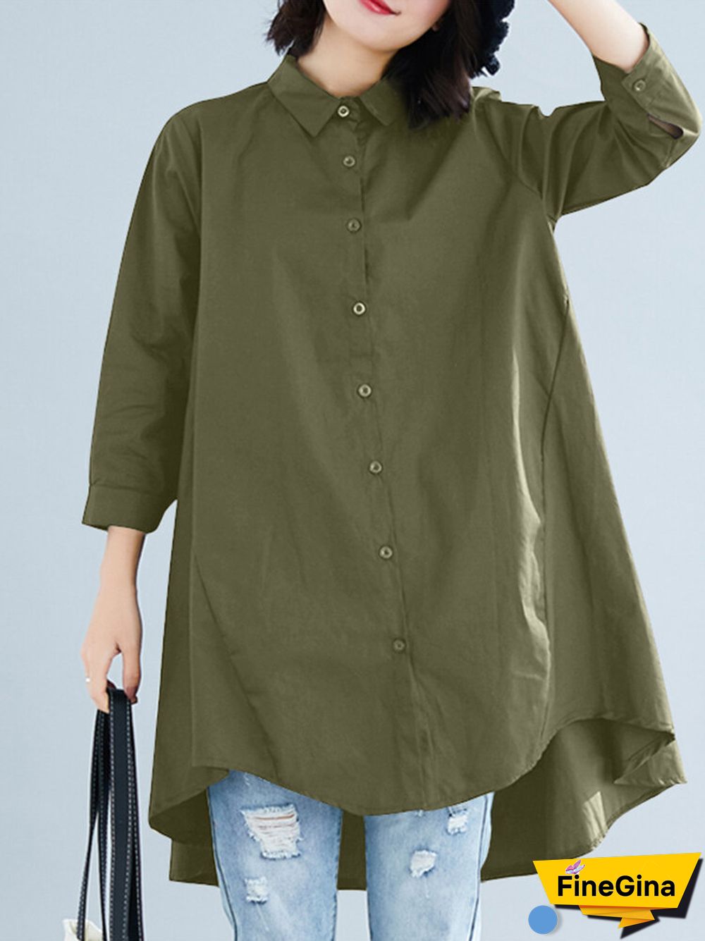 Solid Button High-Low Hem Lapel Loose Casual Shirt