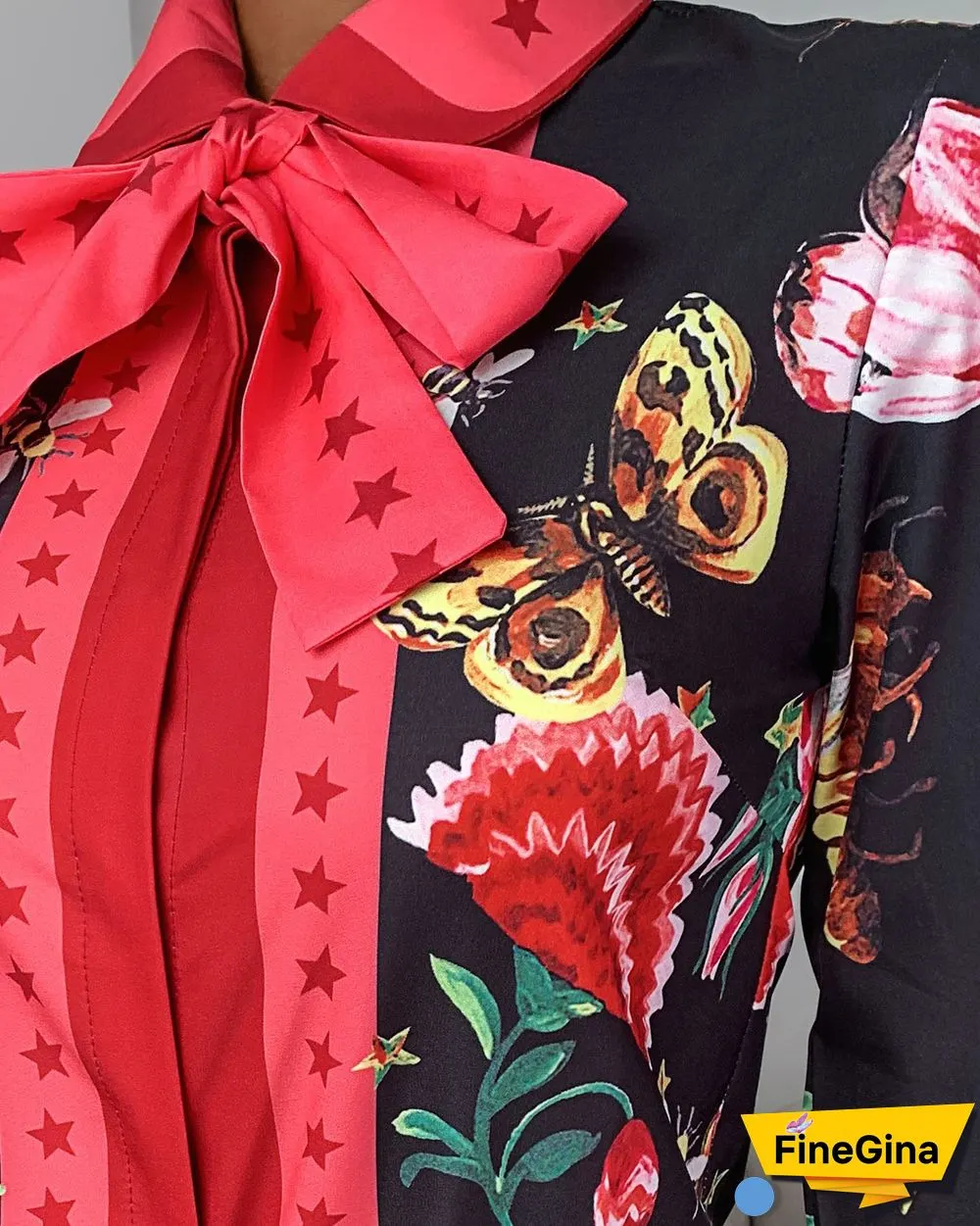 Tie Neck Floral Butterfly Print Long Sleeve Shirt P15964