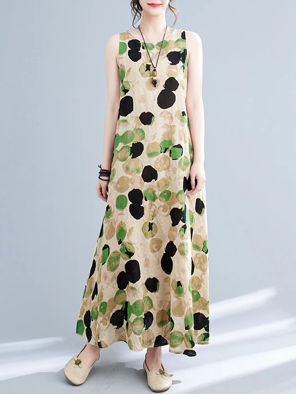 Loose Sleeveless Printed Split-Joint Round-Neck Maxi Dresses