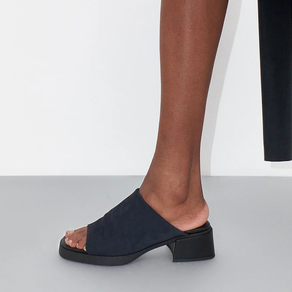 Women's Lycra Square Toe Chunky Heel Backless Mules Shoes in Navy