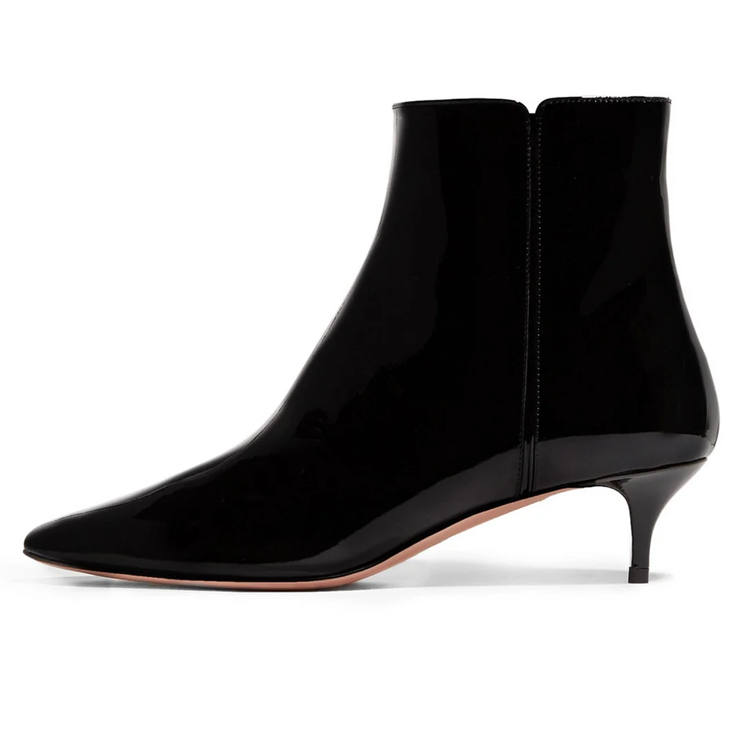 Black Patent Leather Pointed Toe Side Zipper Kitten Heel Ankle Boots
