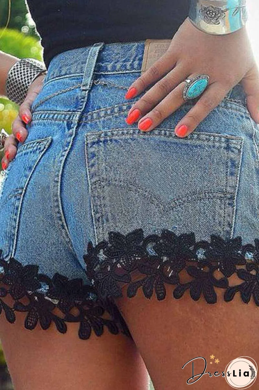 Sexy Lace Stitching Ripped Denim Shorts