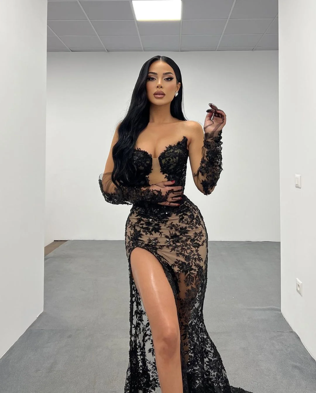 Long Sleeve Lace Black Long Prom Dresses A-line Evening Gown With Split PO323 main image 1