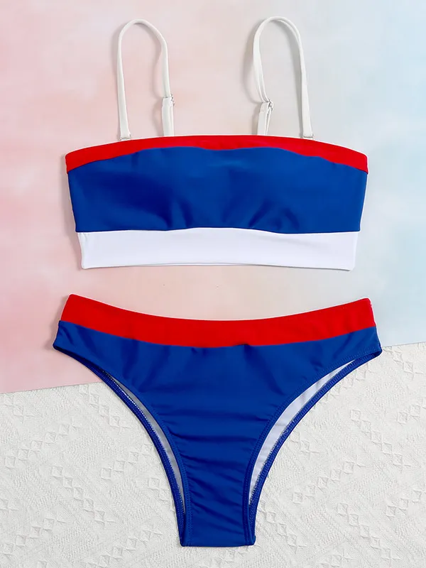 Contrast Color Split-Joint Bandeau Split Bikini Swimsuit