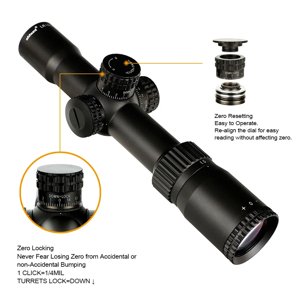 ohhunt® LR 1.5-8X28 IR Scope,Mil Dot Glass Etched Reticle,Red Illumination,Turrets Lock Reset