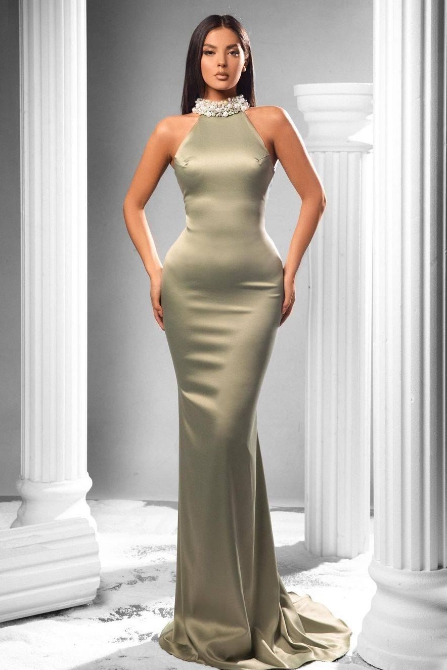Oknass Elegant Dusty Sage Mermaid High Neck Long Prom Dress With Beads