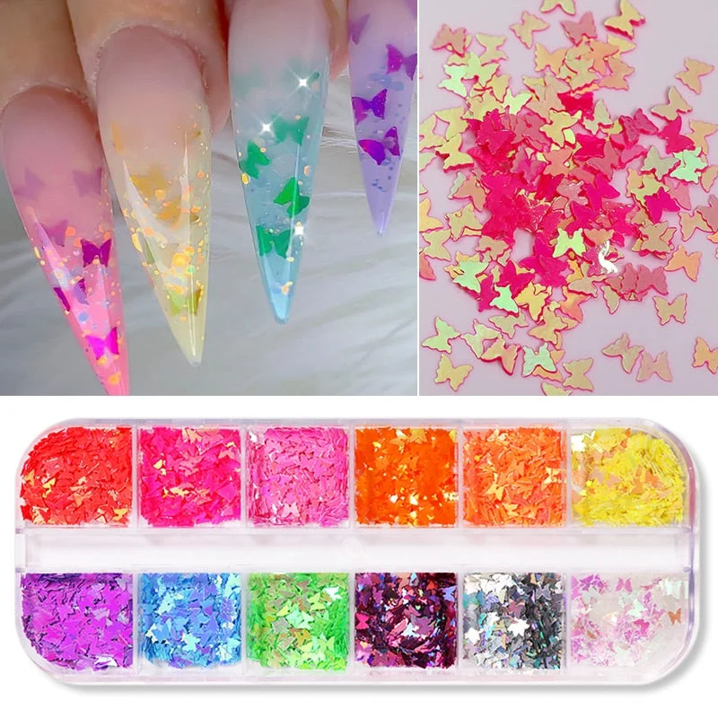 12 Grids Colorful Flourescent Nail Sequins Hollow Circle Sequins Neon Round Nail Art Glitter Flakes Butterfly 3D Slice Tips-Nail Inspo