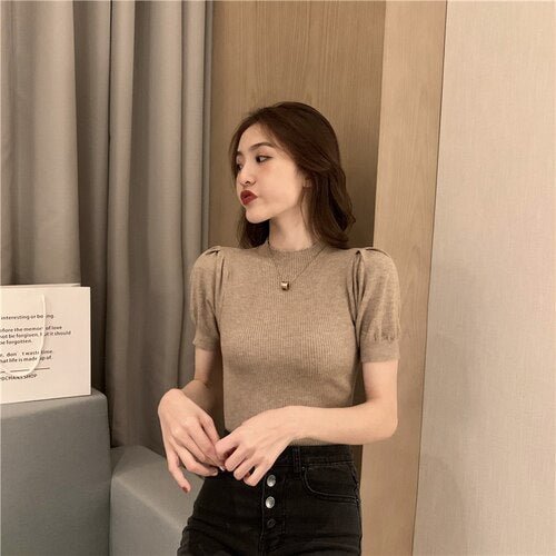 Summer 2021 Solid O Neck Short Puff Sleeve Female Tops Knitted Shirts Blouse Women Loose Casual Cotton Ladies Tees Blusas 10375